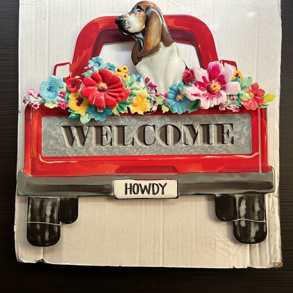 Outdoor Decorative Sign. Welcome Red Truck with Flowers and Dog - Picture 1 of 2